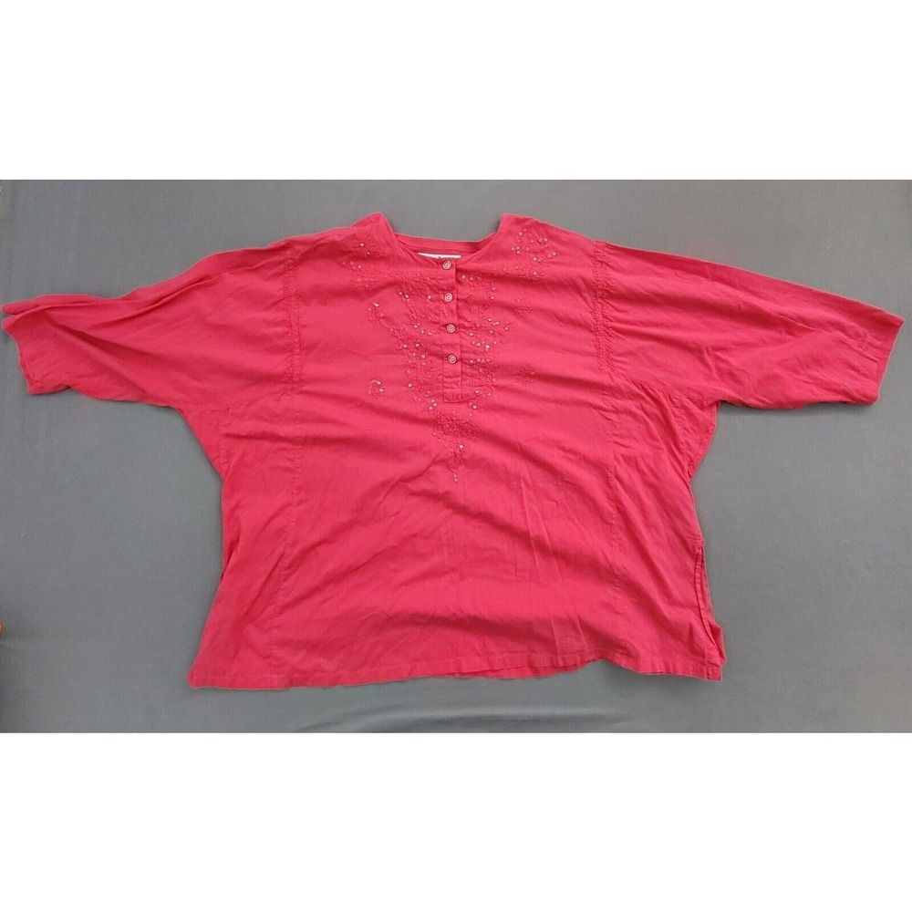 Tommy Hilfiger Blouse Womens Plus 24 3/4 Sleeve Embroidered Sequin Pink Henley